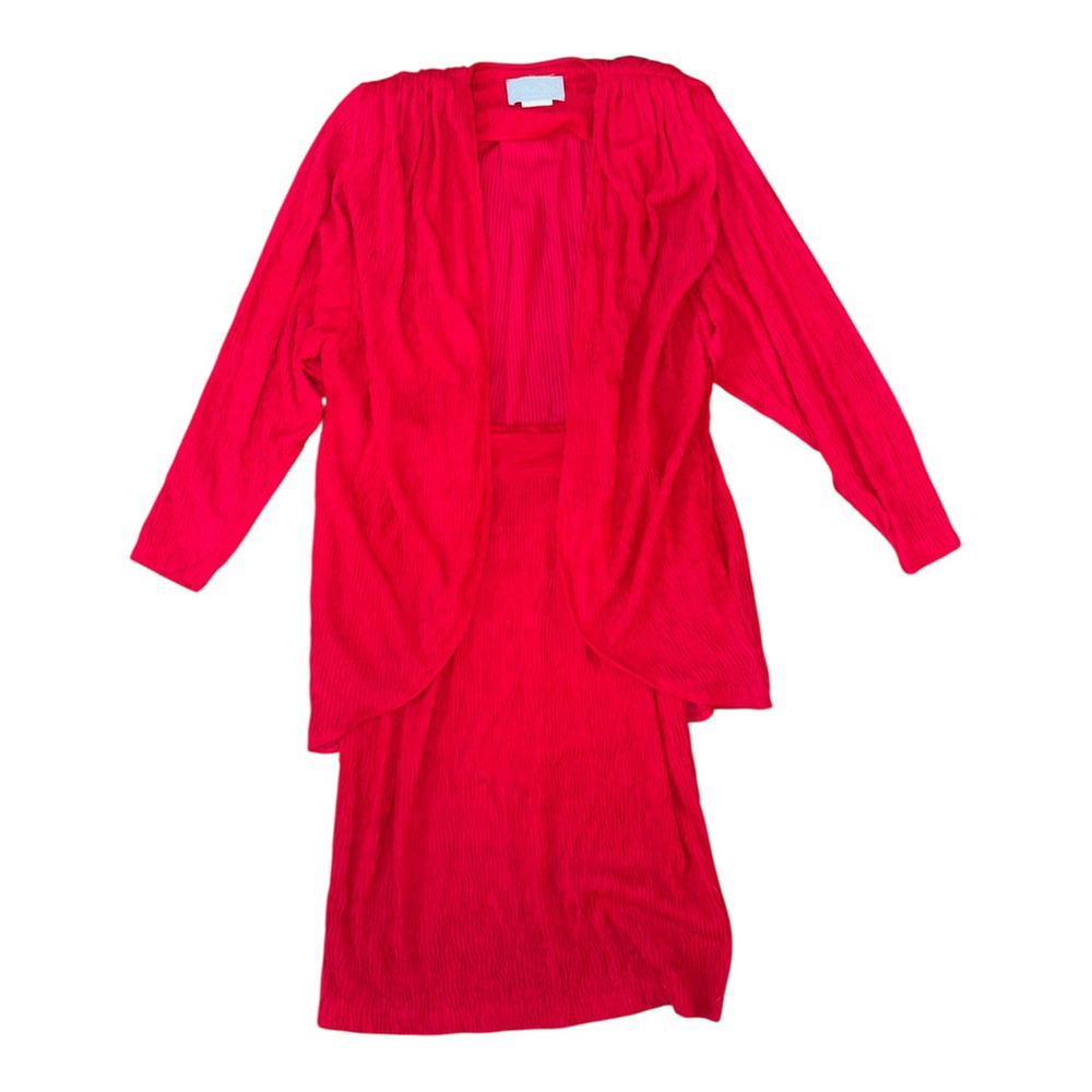 Arthur Max Women's Red Ribbed Two-Piece Dress Set with Cardigan, Size XS